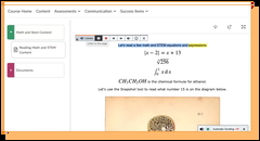 Math and STEM content interface displaying equations, chemical formula, and reading tools.